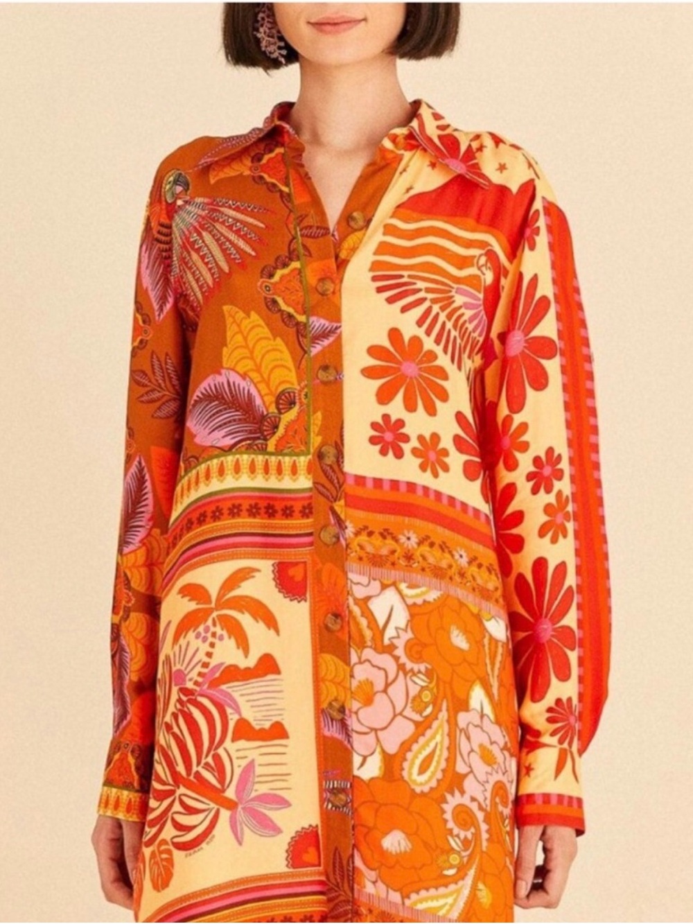 FARM Rio Orange, Red & Pink Patchwork Button-Down Shirt